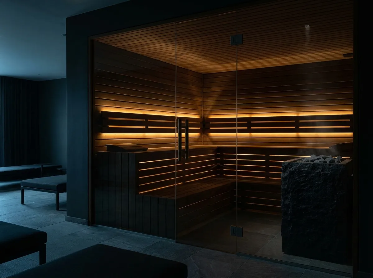 Arkadan aydınlatılmış ahşap sauna